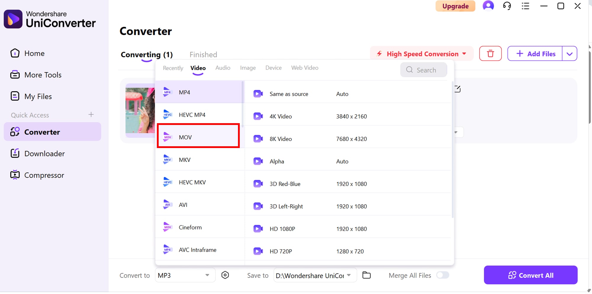 UniConverter: MOV als Ausgabeformat für iOS wählen